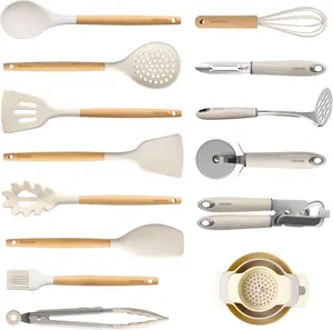 CAROTE Silicone Cooking Utensils Set, Kitchen Utensils Set 16 Pcs for Cooking,BPA Free Spatula Set,446 ℉ Heat Resistant Wood Handles for Nonstick Cookware (Cream White)