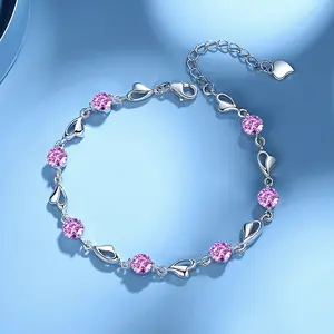 FASHION4U - 925 Sterling Silver Heart Shaped Bracelet For Women Retro Korean Versatile Pink Crystal Charm Bracelets Original Party Jewelry