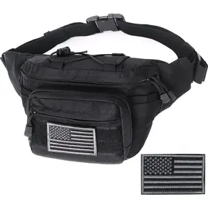Tactical Military Fanny Pack Waist Hip Bumbag Utility Bag for Outdoor Hiking Climbing Fishing with U.S Patch (Black)