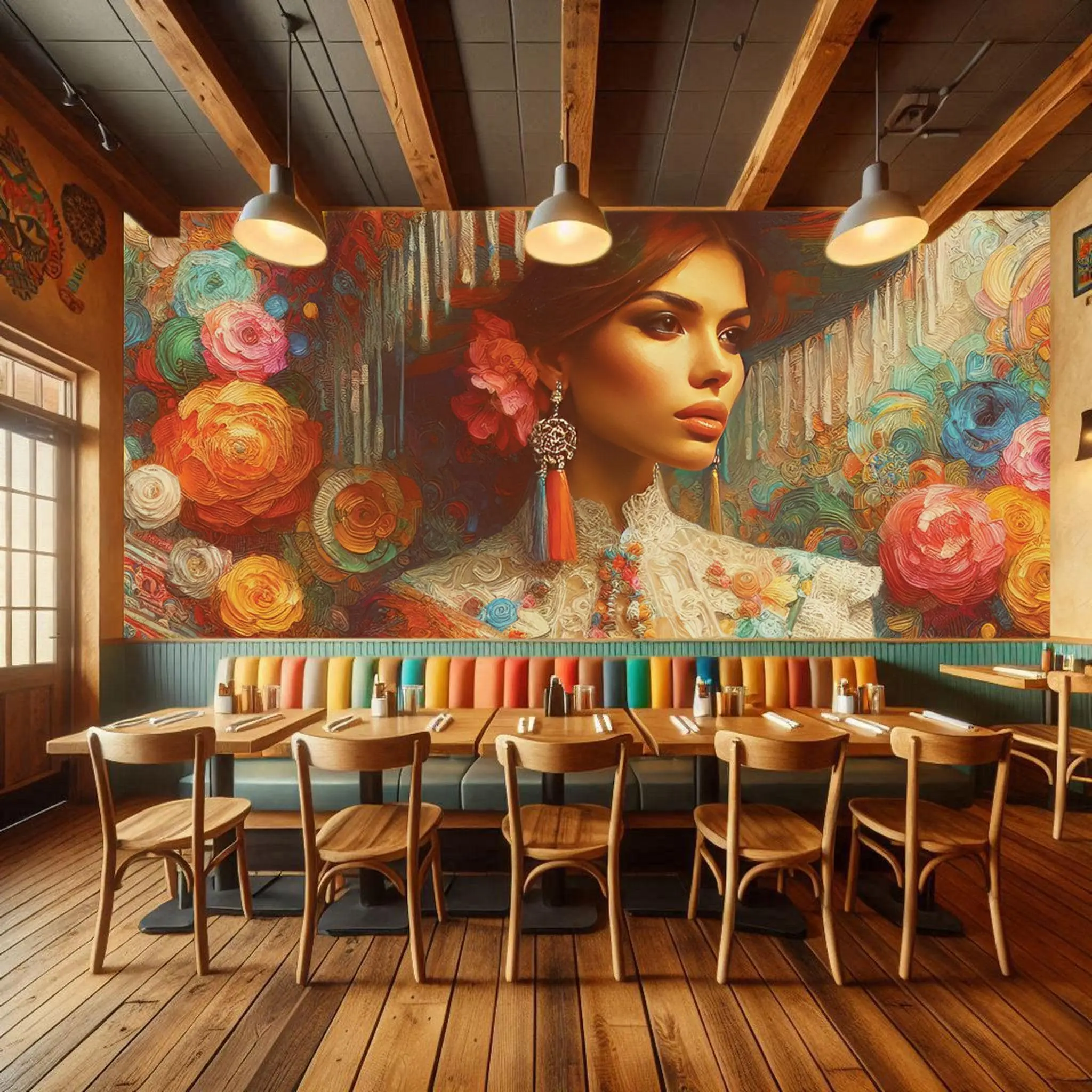 Mexican Art Style Peel and Stick Wallpaper, Vibrant Impressionistic Design with Sombrero & Floral Motifs, Restaurant Decor