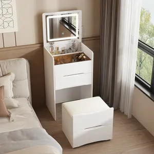 FUFU&GAGA Makeup Vanity Desk with Adjustable LED Mirror & Storage | Bedroom Dressing Table, Tempered Glass Top & Pull-Out Stool [LIVE]