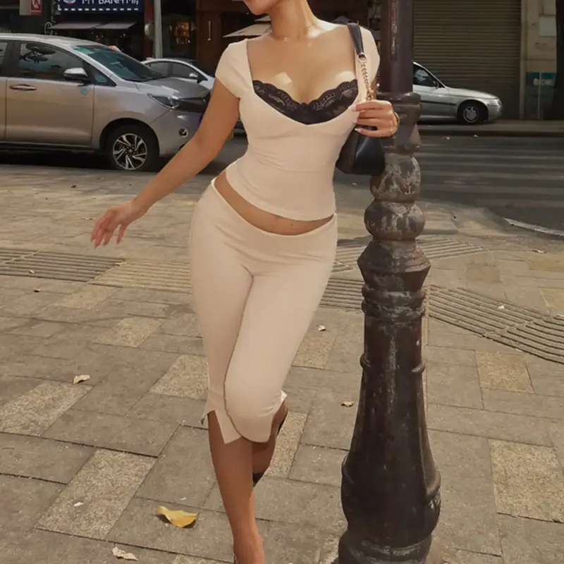 Women's Low Neck Short Backless Sleeve Top with Slim Fit Seven-Quarter Pants Two-Piece Set, Casual Chic Minimalist Plain Basic Style, All Seasons Wear, Summer Outfit Set, Womenswear