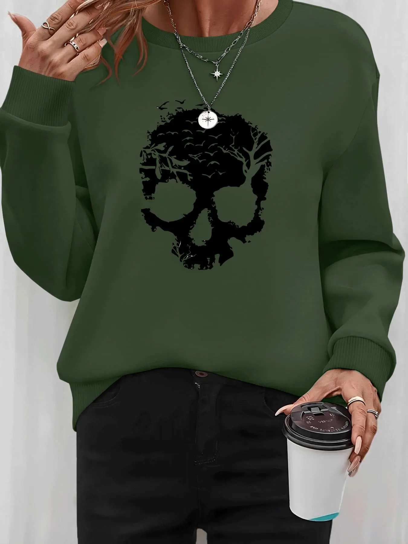 Women's Halloween Skull Print Long Sleeve Round Neck Pullover Sweatshirt, Casual Style Fitted Kint Fabric, Fall & Winter Fashion, 8 Colors Available, Womenswear