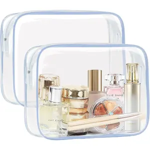 2 count Clear TSA Approved 3-1-1 Travel Toiletry Bag Quart Size for Women Teenage Girls Carry on  Air Airport Airline Traveling Essentials Transparent Makeup Pouch, 2 count Blue