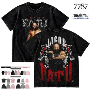 7787 Clothing Menswear Jacob Fatu Samoan Werewolf Wrestling Graphic Washed T-Shirt Vintage Streetwear Casual Apparel