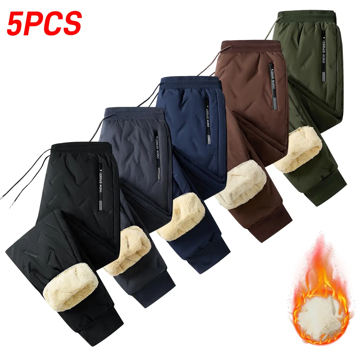 JOGWAVE 5PCS Men’s Heavyweight Fleece-Lined Warm Sports Joggers, Autumn/Winter Street Style Loose Cuffed Pants.Men’s thick straight-leg pants—essential for autumn and winter!Super warm and comfortable loose fit—TikTok Shop men’s everyday must-have, unbeat