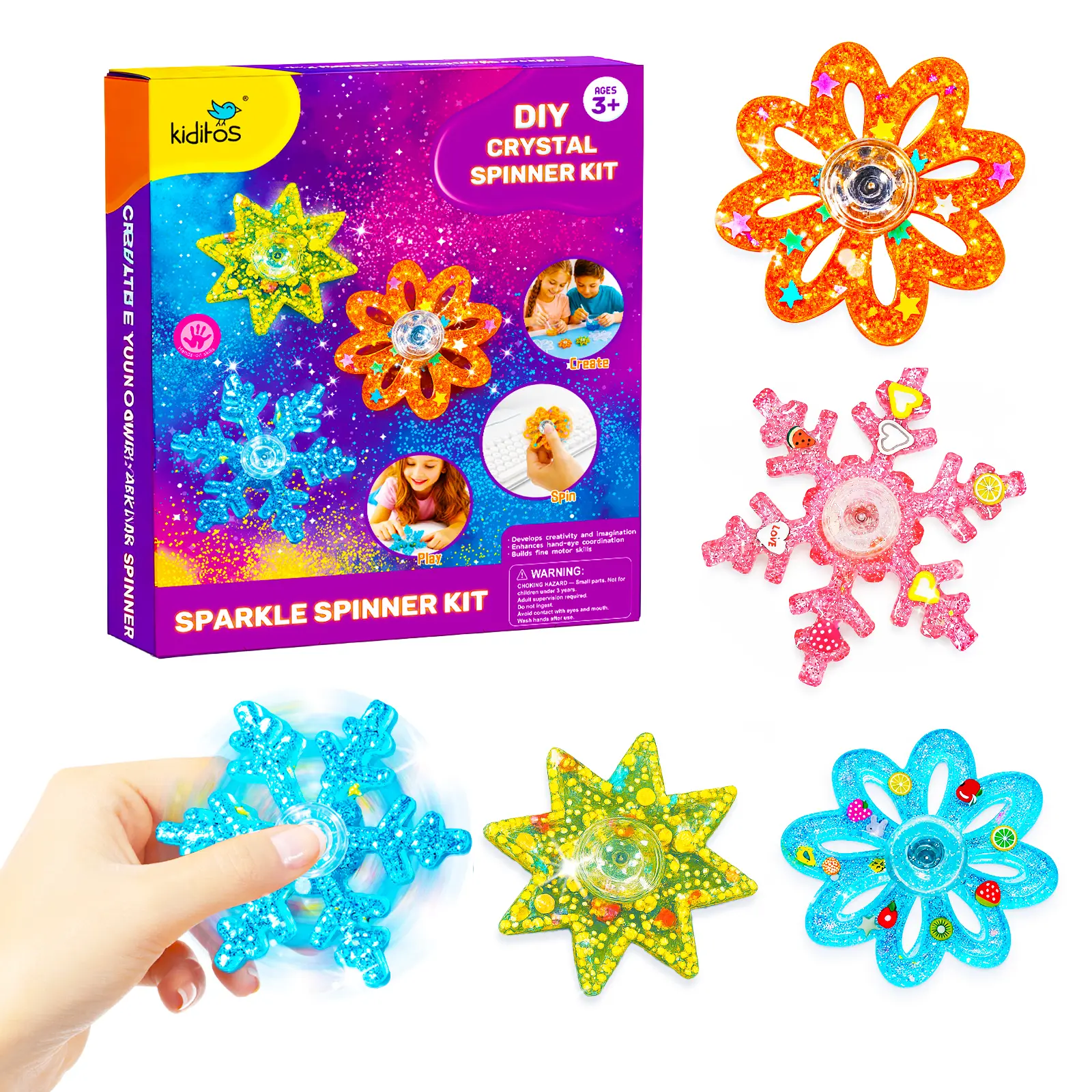 Kiditos DIY Resin Fidget Spinner Craft Kit, 3 Silicone Molds & 6 Bearings, Comes with Assorted Glitter Sequins, Make Sparkly Spinners, Stress Relief Sensory Toy Birthday Gift for Kids Ages 3+