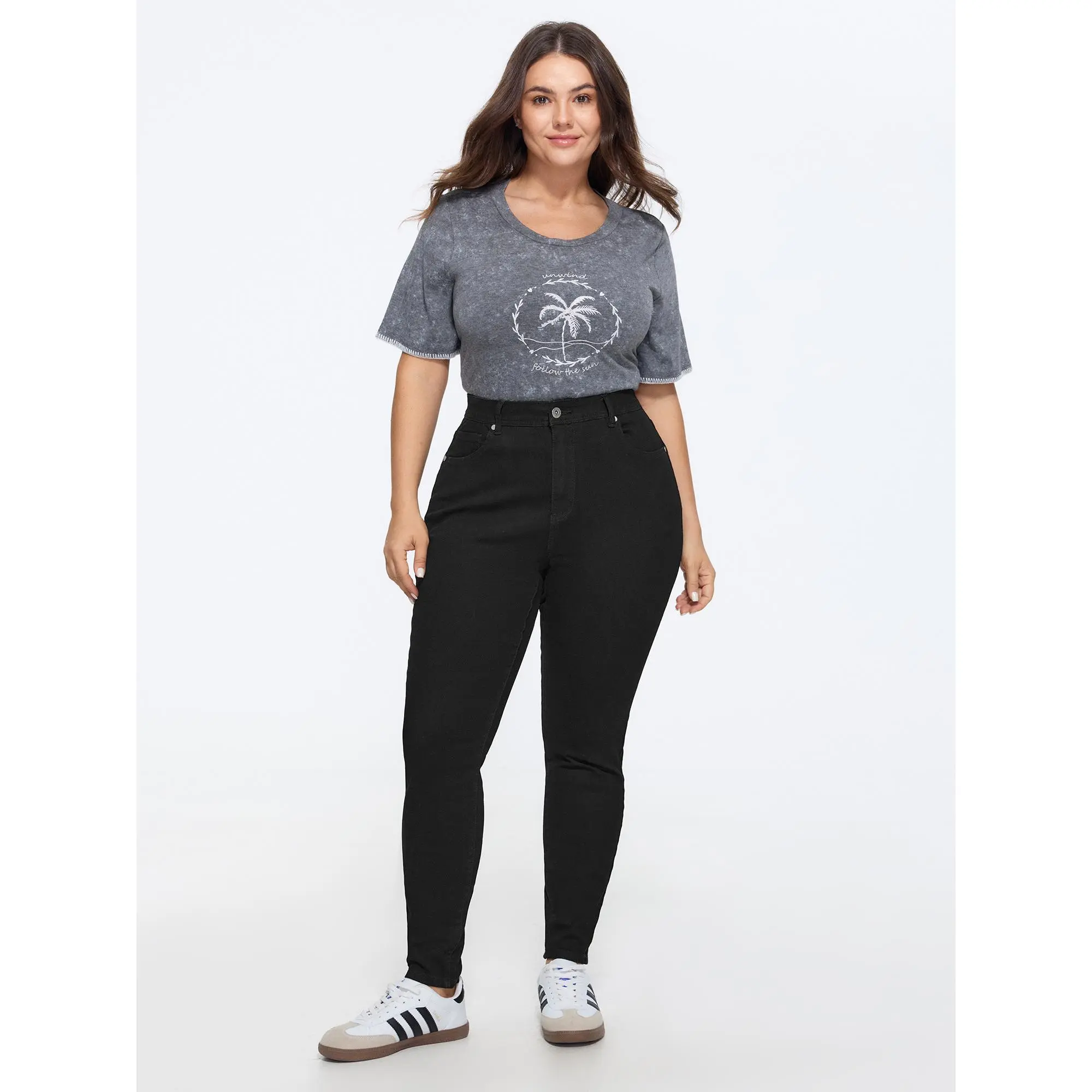 BloomChic Plus Size Mid-Rise Skinny-Fit Jeans, Fitted 5-Pocket Bottoms in Solid Cotton Spandex Fabric, Button, Garment, Basic, Casual, Jean Pants