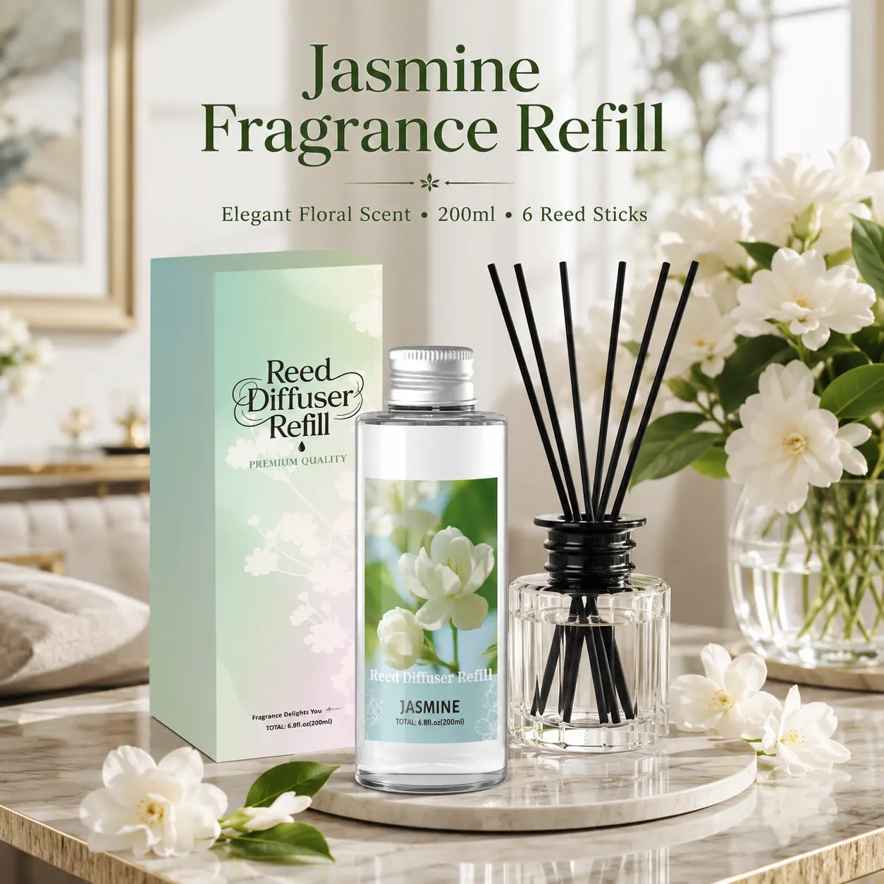200ml Reed Diffuser with Reed Sticks, Jasmine Room Fragrance, Home Fragrance Diffuser Set, Long Lasting Home Scent for Bedroom, Living Room, Bathroom, Office & Entryway