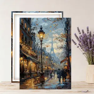 Paris street scene wooden framed canvas wall decoration, vintage city landscape painting, Eiffel Tower embellishment romantic European street scene decoration, suitable for bedroom and living room home decoration.