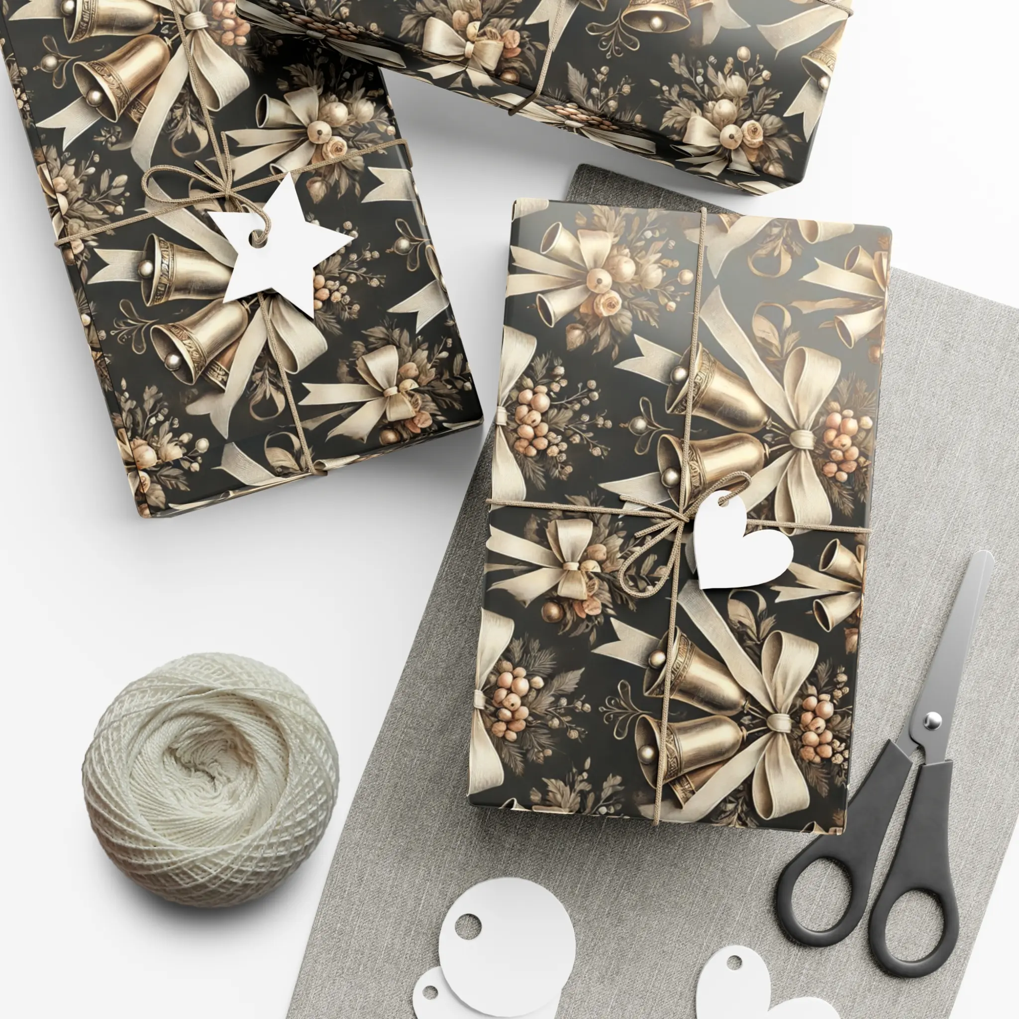 Vintage Christmas Bells Wrapping Paper with Champagne and Soft White Ribbons on Charcoal Background Elegant Holiday Gift Wrap