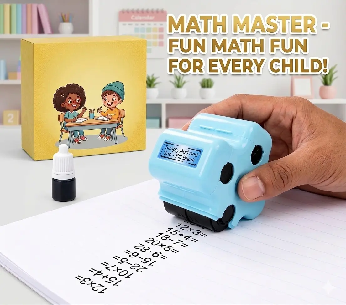 4-in-1 Math Roller Stamp for Kids - Educational Maths Toy, Teacher Tool for Addition, Subtraction, Multiplication, Fill-in-The-Blank Practice (Blue, Classroom & Home Use)