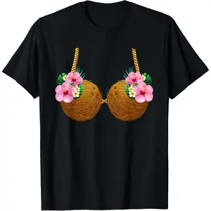 Coconut Bra Hawaiian Tropical Costume Luau Party Hawaii T-Shirt Men's Graphic Tee Crewneck Graphic Printed Unisex Cotton T-shirt for Men Fashion Men's Top for Daily Wear made in usa