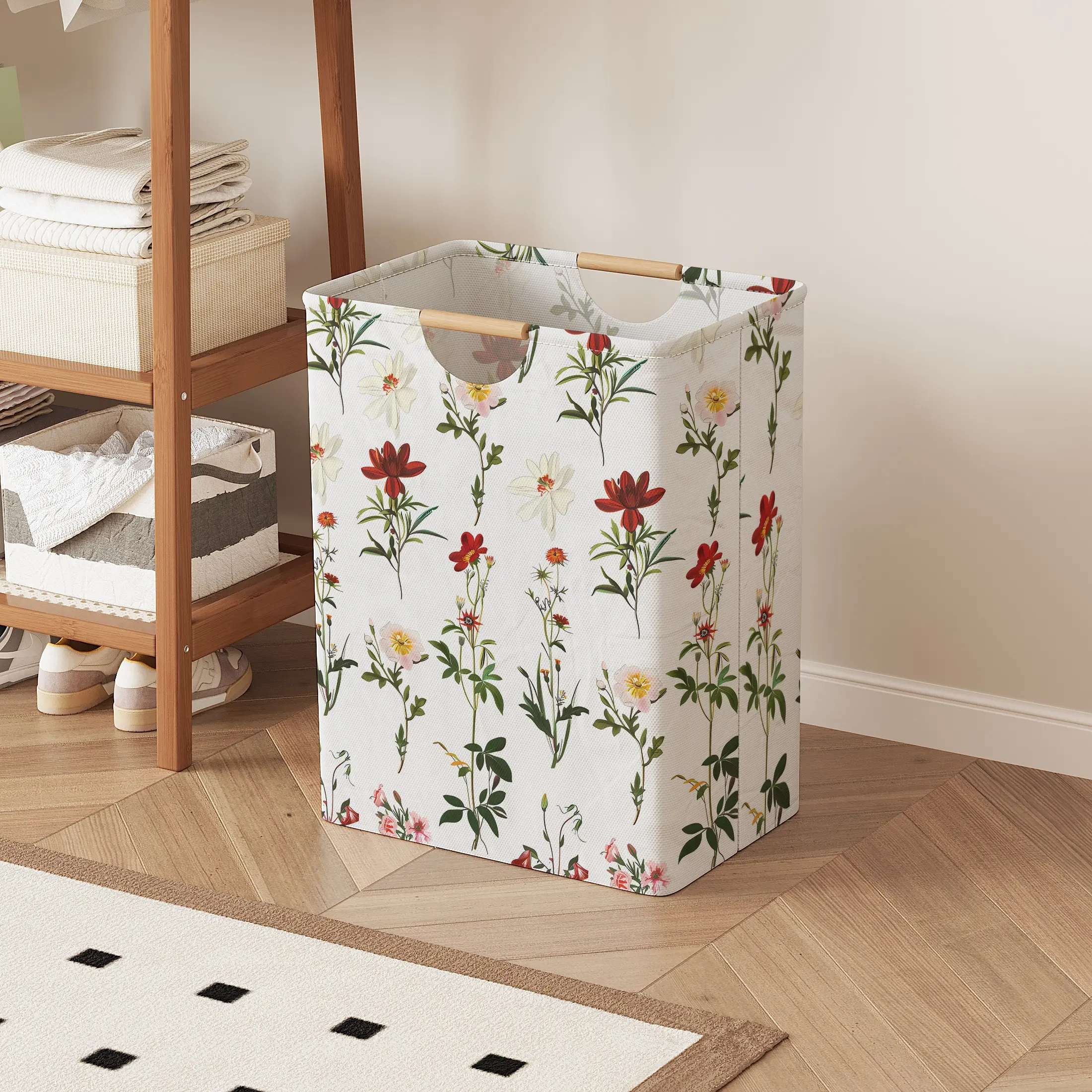 Bouquet Print Open Storage Box, Foldable Laundry Basket with Handle, Home Bathroom Collapsible Clothes Organizer Bucket, Collapsible Laundry Hamper, Collapsible Storage Baskets, Laundry Organization Containers