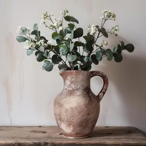 Ceramic Vase with Handle, Rustic Farmhouse Vase, Minimalist Decorative Vase for Home Decor, Table, Living Room, Shelf, Christmas Decoration, Ornaments, Flowers
