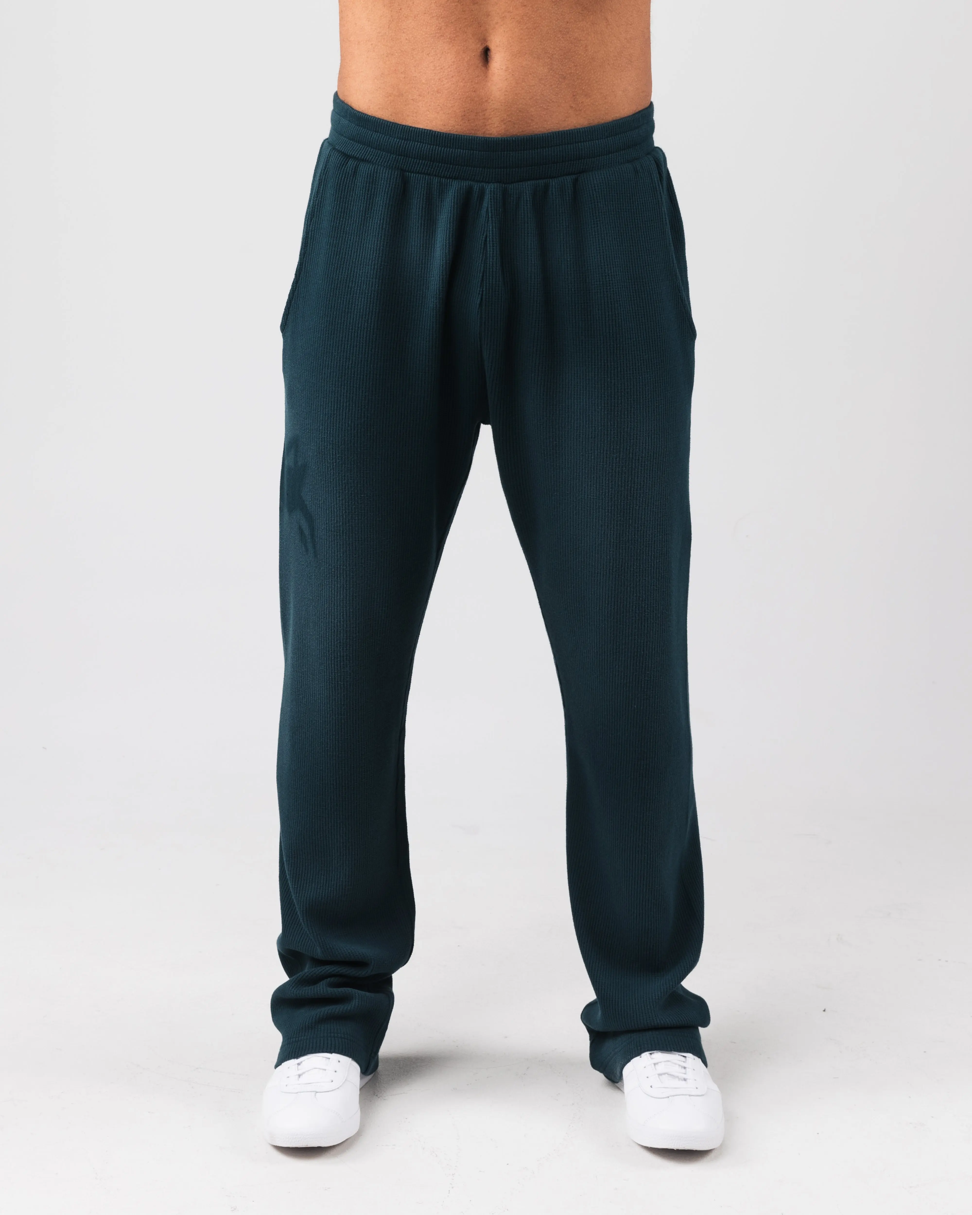 Men's Vintage Oversized Waffle Knit Pants - Sunfade Cotton Fabric, Raw Hem, for Lounging & Training, Dark Cyan, Menswear, Loungewear, Cool Iron, Durable, Do Not Bleach, Hang Dry, Wash Inside-Out