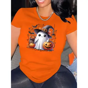 100% Cotton Women's Halloween Pattern T-Shirt - Cute Witch Hat and Pumpkin Print, Bright Orange Casual Crew Neck Top, Machine Washable, Suitable for Halloween Parties and Daily Wear, Non-Transparent Fabric, Festive Style