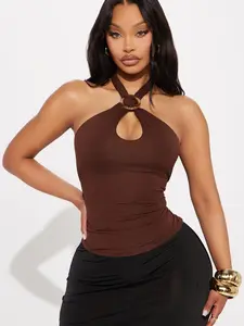 Women Shared Sunsets Y-Neck Halter Top - Brown Womenswear Basic Minimalist Sleeveless