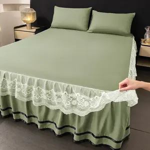 3pcs Pure Color Polyester Bedskirt Set, Bedset, Includes 1 Bedskirt and 2 Pillowcases, Lace Edge, Suitable for Single Twin Full Queen King