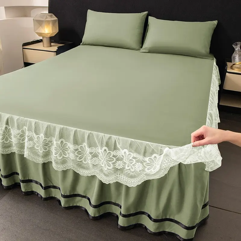 3pcs Pure Color Polyester Bedskirt Set, Bedset, Includes 1 Bedskirt and 2 Pillowcases, Lace Edge, Suitable for Single Twin Full Queen King, Bedding Supplies