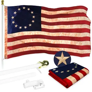 G128 Combo Pack: 5 Ft Tangle Free Aluminum Spinning Flagpole (White) & Betsy Ross Tea-Stained Flag 2.5x4 Ft, ToughWeave Pro Series Embroidered 420D Polyester | Pole with Flag Included