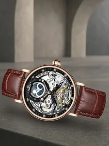 A men's brown leather strap with high-end business temperament, casual hollowed out moon phase display, waterproof fully automatic mechanical watch
