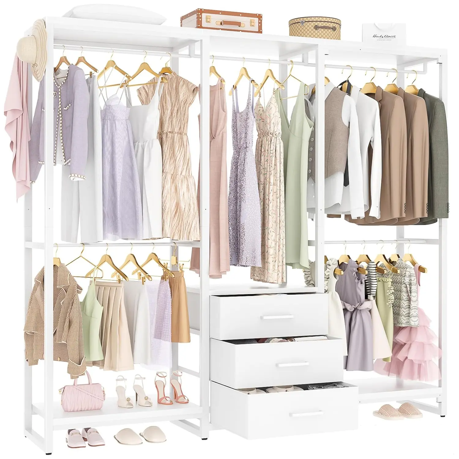 Freestanding Garment Rack Clothing Rack with 3 Fabric Drawers, Heavy Duty Garment Rack, Closet System Organizers, Clothes Hangable