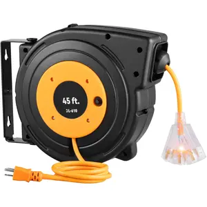 Retractable Extension Cord Reel With Heavy-Duty 12AWG/3C SJTOW Power Cord, 45-Foot Length, Black, Industrial Grade Cable Organizer, Durable Auto-Rewind Reel For Workshops, Construction Sites, Garages, And Home Use