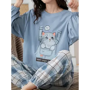 Casual Polyester Pajama Set for Teens - Cute Animal Printed Crew Neck Top with Plaid Pants, Knit Fabric, Comfortable Stretch Fall/Winter Sleepwear Lounge