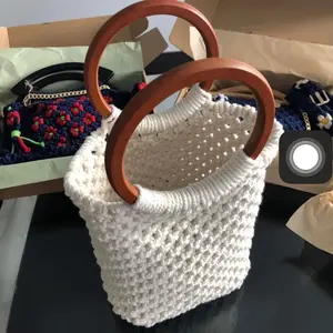 Macrame Bag - 100% Cotton Natural Handbag with Wooden Handles Magnetic Buttons & Floral Lining 35cm x 26cm