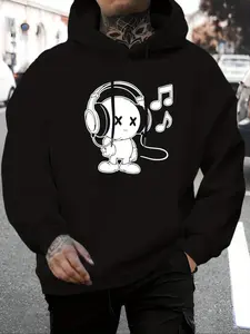 Men's Music Note Headphones Graphic Hoodie, 100% Polyester, Fitted Regular Fit, Pocket Detail, Perfect for Fall & Winter