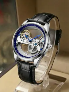 A men's double transparent hollow design mechanical tourbillon fully automatic wristwatch