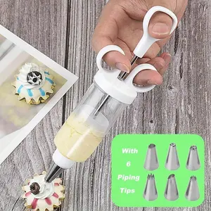 1Pc White Cake Decorating Gun with 6Pcs Stainless Steel Piping Tips, Cupcake Injector/Decorating Icing Set, Cake Decorating Kit for fill and decorate cupcakes, canoe cakes, dessert shells, deviled eggs, cannolis, scones