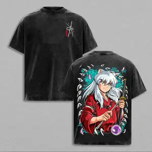 valentine shirts Inuyasha Vintage Washed T-Shirt, Retro Feudal Warrior Anime Tee, Oversized Heavy Cotton Streetwear Top, Yokai Aesthetic Graphic Shirt, Unisex Gift for Anime Fans