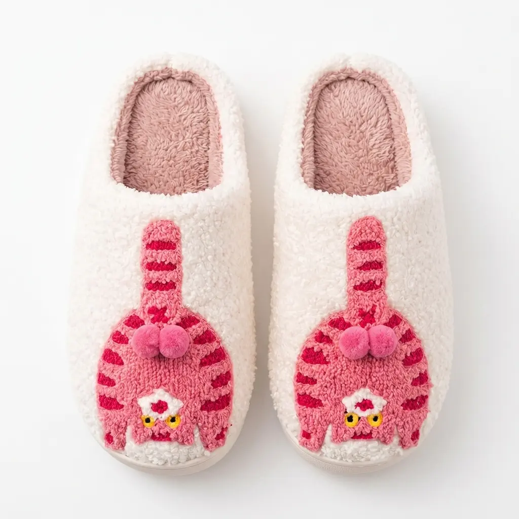 Cute Cat Plush House Slippers, Cute 3D Cat Plush Design with Pom Pom Detail, Cozy Fuzzy Indoor Home Shoes for Bedroom & Gifts