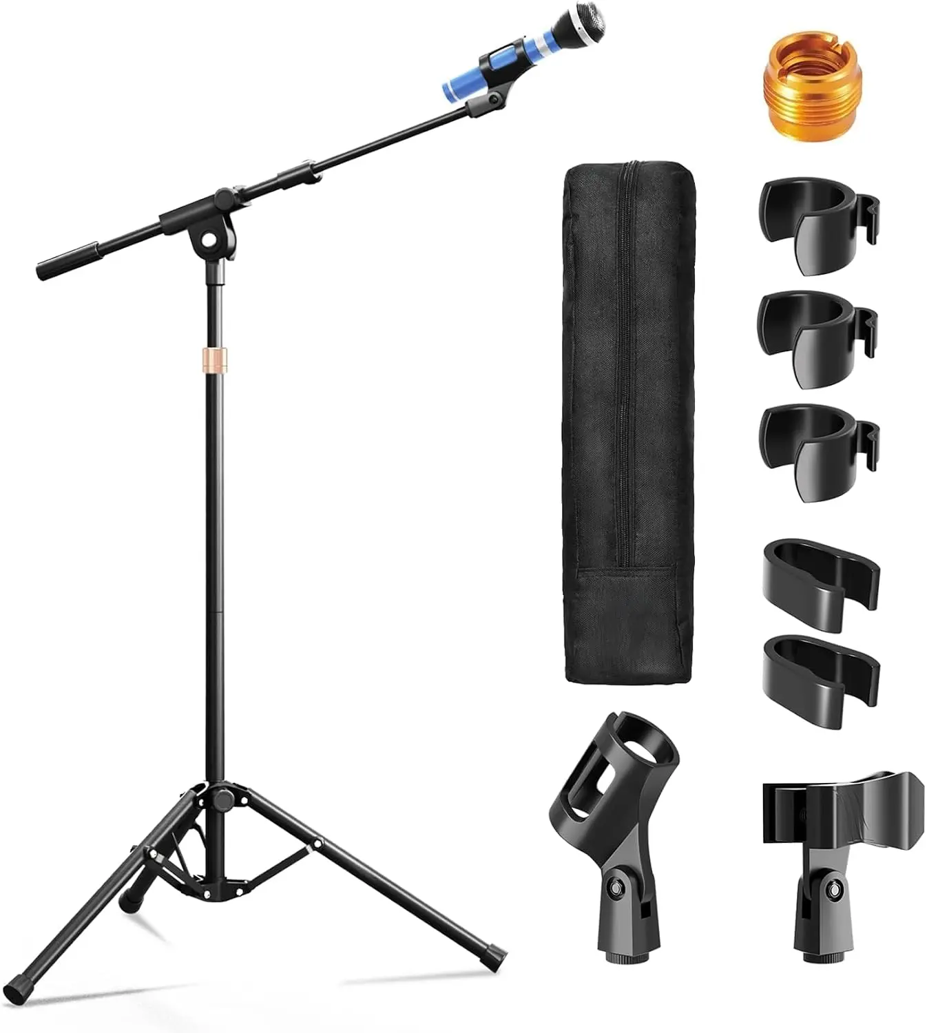 EMART Mic Stand with Boom Arm with Carrying Bag and 2 Mics Clips, Height Adjustable, Reverse Fold for Easy Storage, For Singing Performance, Home Studio Recording, Podcast and Stage