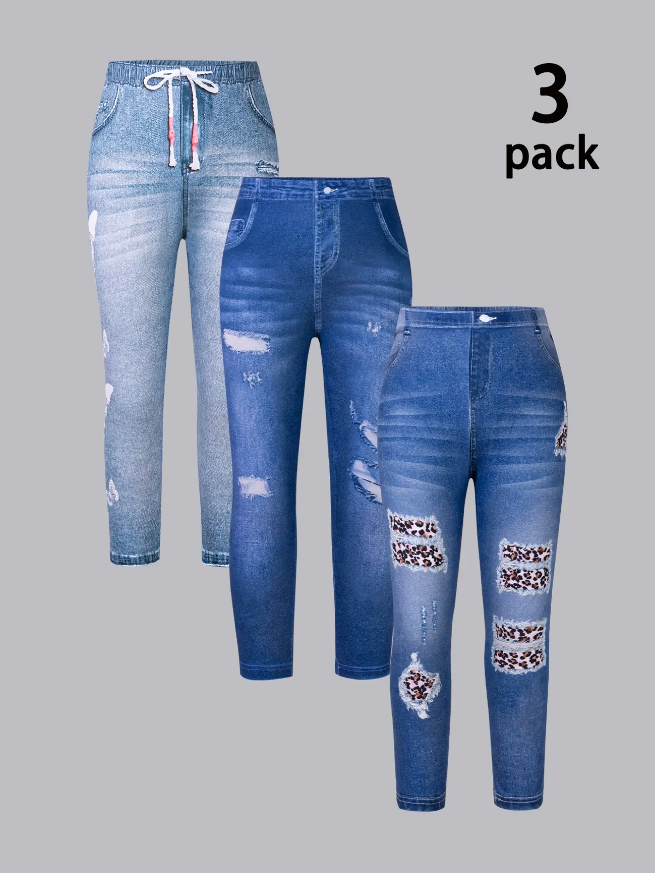 3-piece girls' imitation denim leggings for all seasons, children's bottoms with bullet elasticity, Stretch Pants, Kittie Pant, butterfly leopard print, comfortable fit, versatile outerwear, holiday party costumes, gifts
