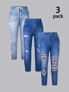 3-piece girls' imitation denim leggings for all seasons, children's bottoms with bullet elasticity, butterfly leopard print, comfortable fit, versatile outerwear, holiday party costumes, gifts