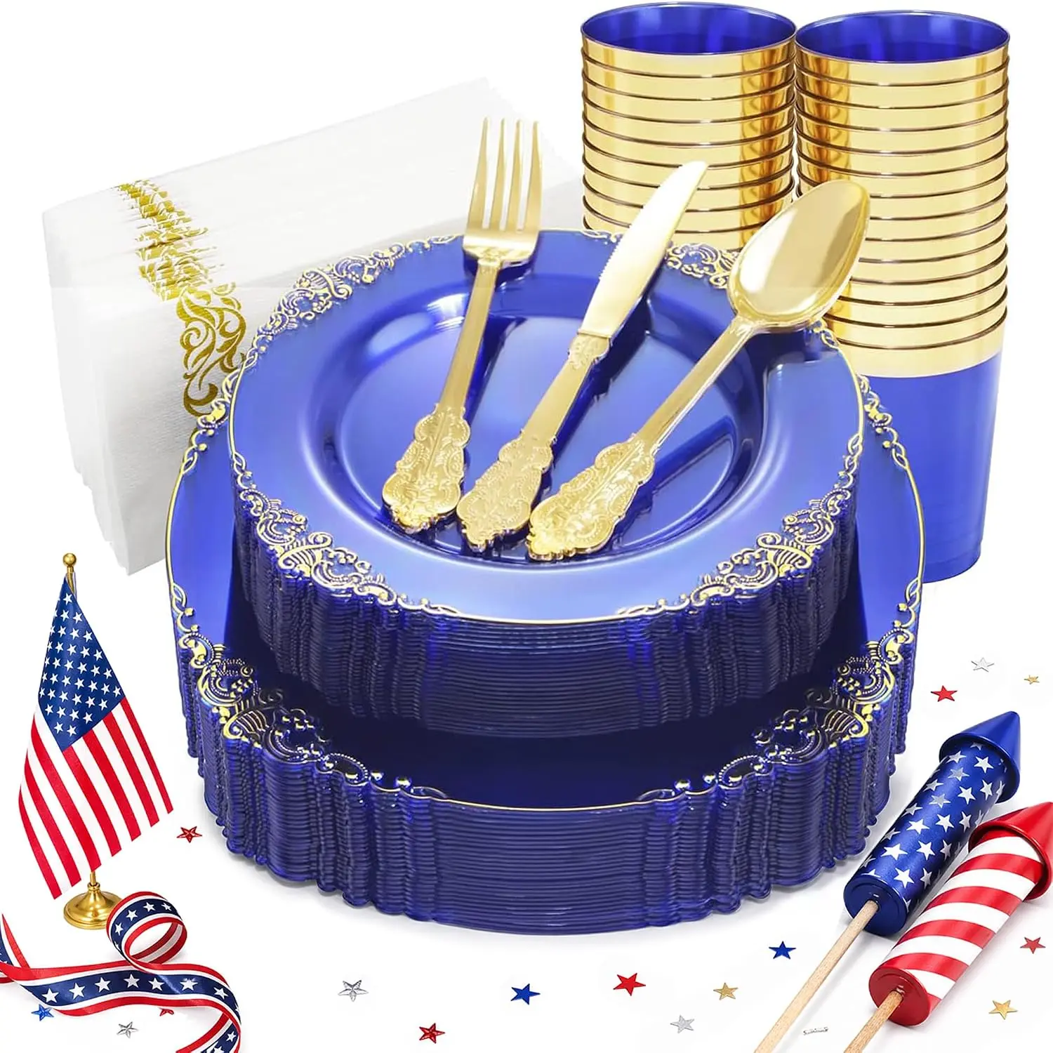 175PCS Clear Blue Plastic Plates - Plastic Dinnerware Set Include 25Dinner Plates, 25Dessert Plates, 25Cups, 25Forks, 25Knives, 25Spoons, 25Napkins Perfect for Wedding & Party