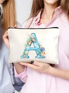 Personalized Letter Cosmetic Pouch Featuring seashell and floral patterns, large-capacity zipper makeup bag. Portable for travel, beach, school and daily use. Great gift for bridesmaids, birthdays, Valentine’s Day, Mother’s Day and weddings.