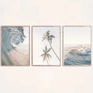 Beach Waves Pattern Canvas Painting without Frame, 3 Counts/set Palm Tree Sea Wave Ocean Canvas Painting, Wall Art for Home Living Room Bedroom Decor, Ornaments