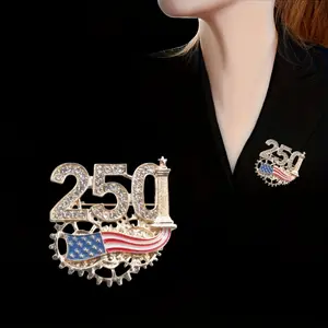 2026 USA National Day 250th Anniversary Commemorative Brooch, Creative Personalized Clothing Pin Accessory, Hollow Brooch Inlaid with Artificial Diamonds