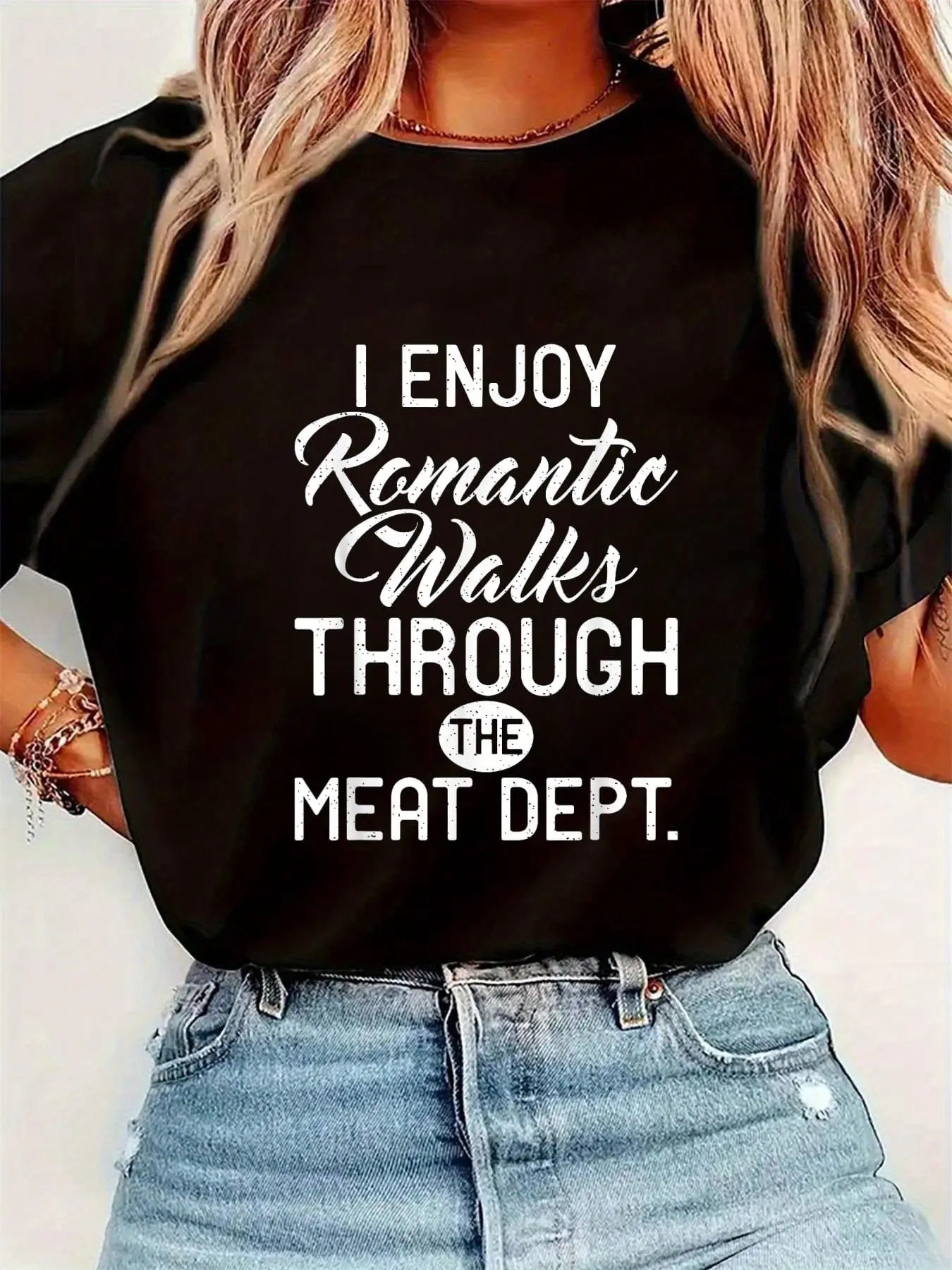 I Love Romantic Walks Through The Meat Bacon Lover T-Shirt Womens Round Neck Short Sleeve T-Shirt Fashion Graphic Tees W