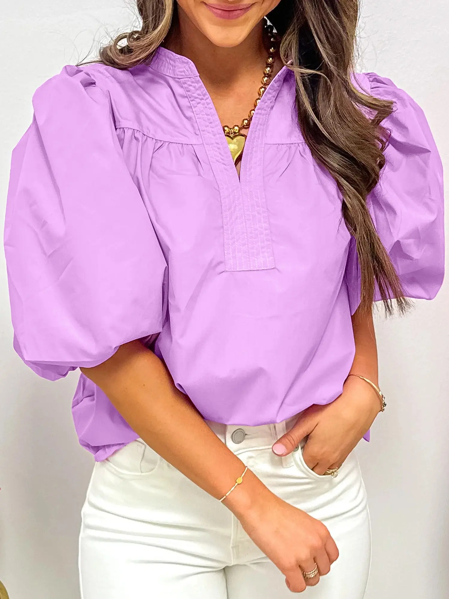 Women's Purple Phalaenopsis Stitched Detail V-Neck Balloon Half-Sleeve Cotton Poplin Blouse - Casual, Elegant, Breathable Summer Top for Professional Work, Balloon Sleeves Blouses & Shirts, Office Ootd, Style Inspo, Breathable Fabric