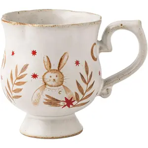 10 oz Footed Ceramic Mug, White & Brown Glazed Coffee Cup, Rustic Decorative  Cup with Bunny &   for  Office, Dishwasher & Microwave Safe