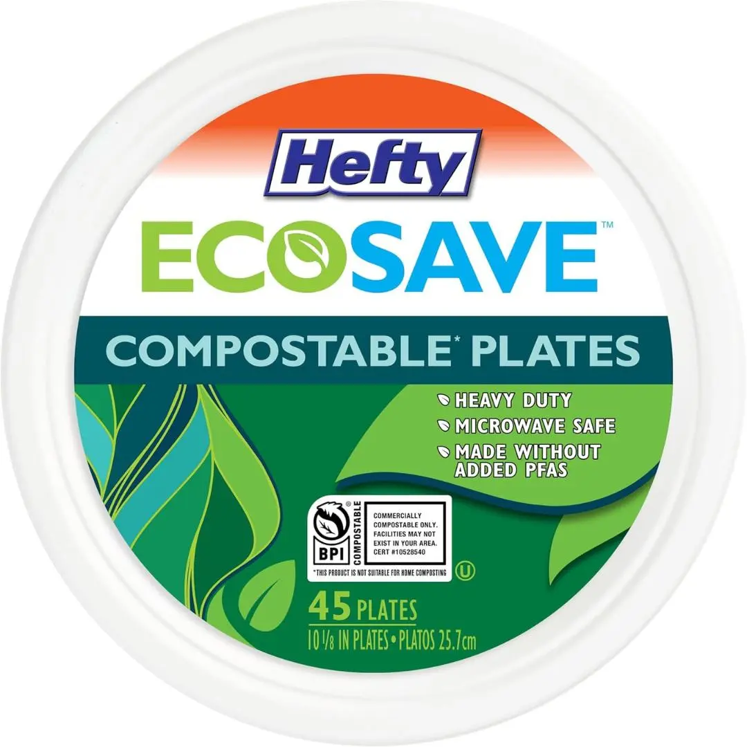 Hefty ECOSAVE Compostable Paper Plates, 10-1/8 Inch, 45 Count