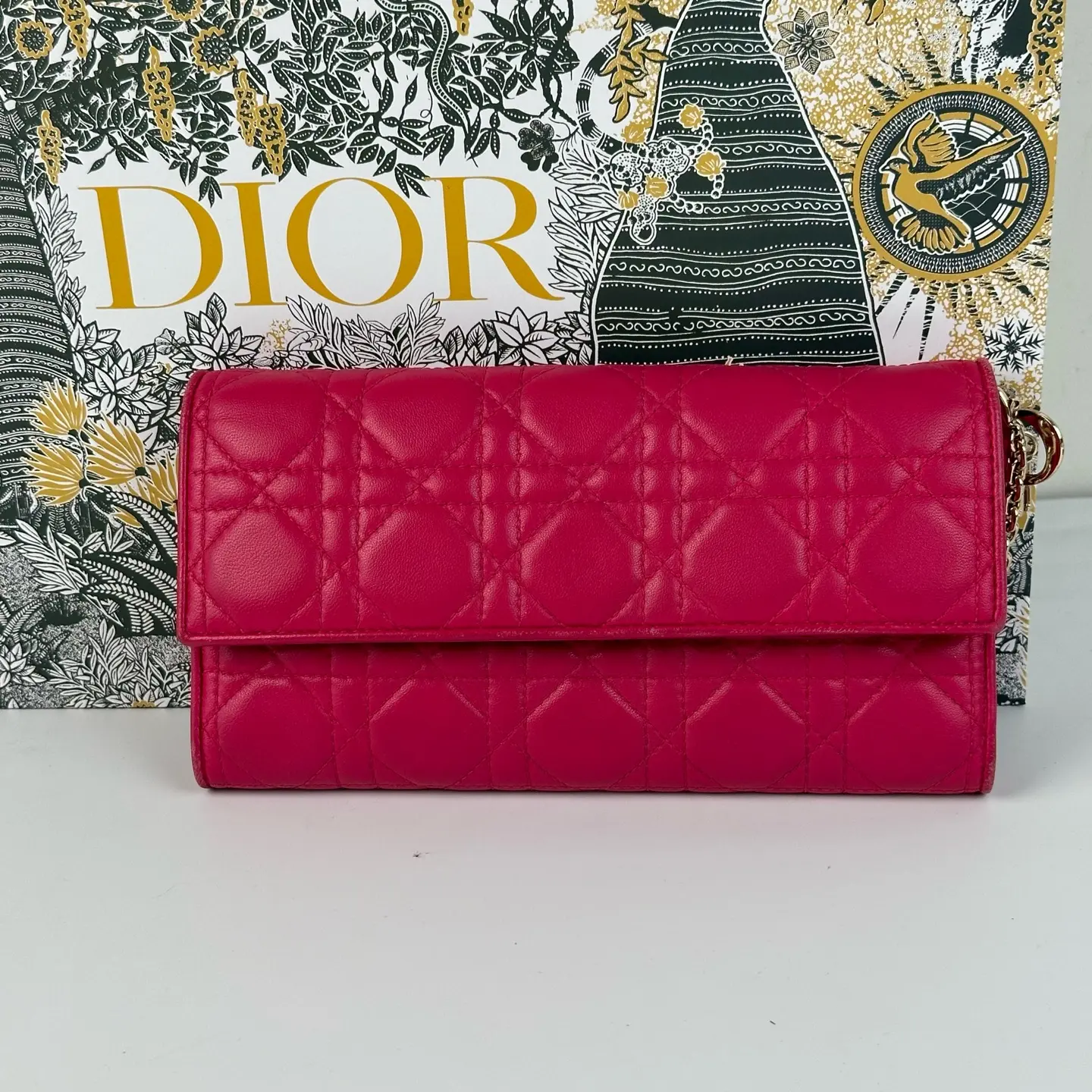 Pre-owned Dior Bright Pink Cannage Leather Flap Long Wallet
