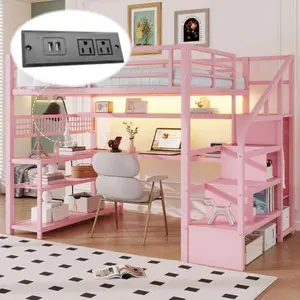 Full Size Loft Bed with L-Shaped Desk and Wardrobe, Heavy Duty Metal Loft Bed Frame with Stairs, LED Lights, Storage Shelves and Charge Station, Noise Free, No Box Spring Needed, Pink