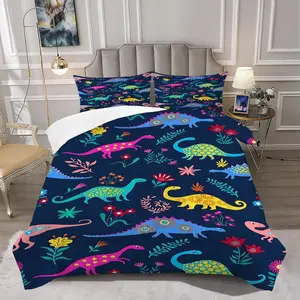 2/3Pcs Whimsical Dinosaur Floral Comforter Set, Playful Retro Boho Bedding Set, Vibrant Navy Blue Design, Perfect for Kids' Room Décor, Cozy & Stylish for a Fun Night's Sleep 1 or 2 Pillowcase No Pillow Core