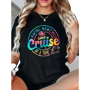 Women's Plus Size Cruise-Themed T-Shirt - Stretchy Short Sleeve Crew Neck Tee with Cruise Ship & Port Print, All-Season Comfort Casual Vacation Wear for Cruise Parties, Gift for Plus Size Ladies